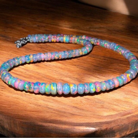 AAA Ethiopian Fire Opal Beaded Necklace, Sterling Silver 18” - Picture 2 of 4